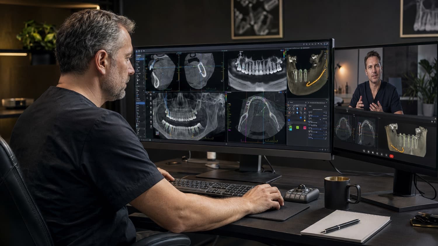 Two dentists reviewing CBCT and implant-planning images during an online case discussion.