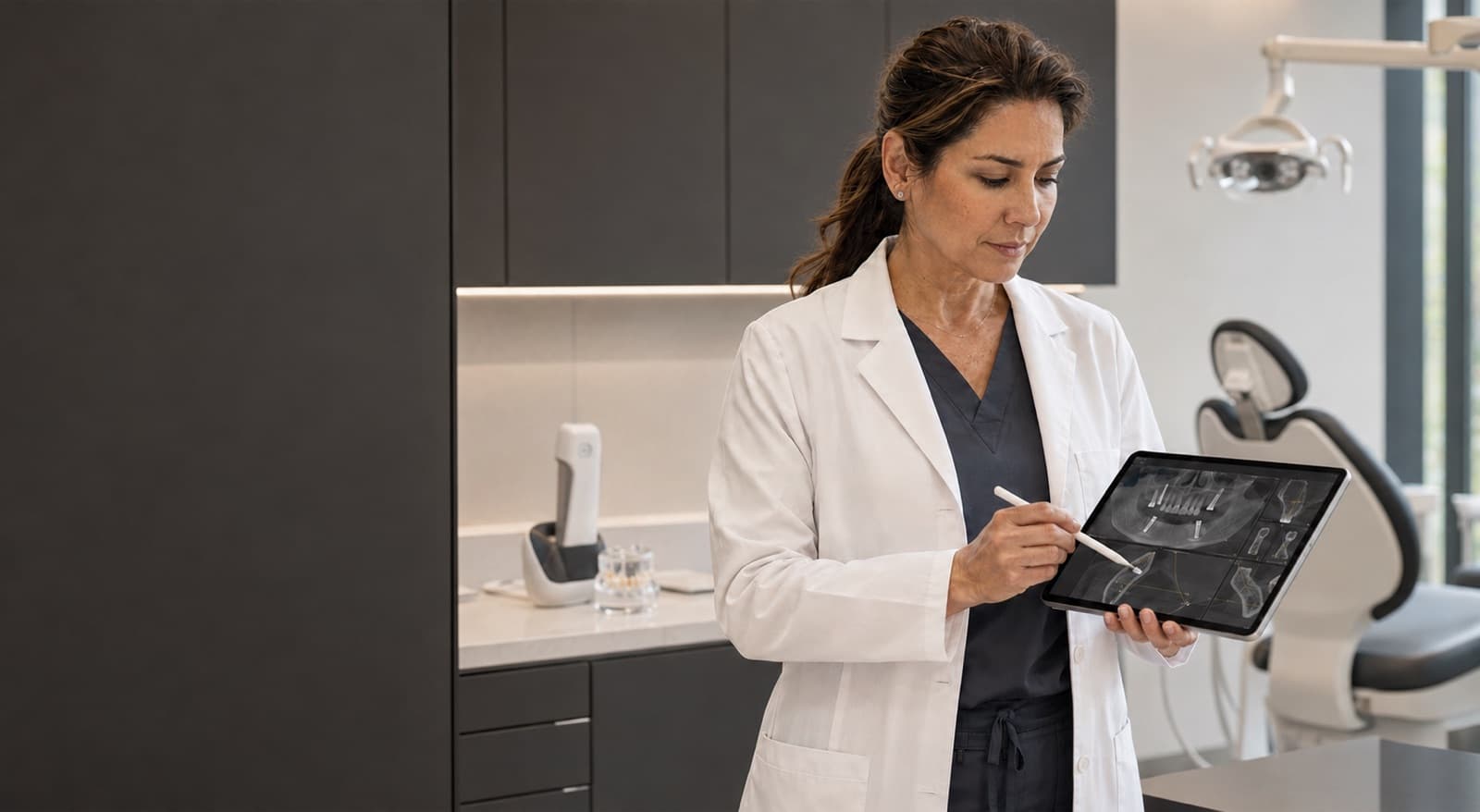 Dentist reviewing an implant treatment plan on a tablet in a dental operatory.